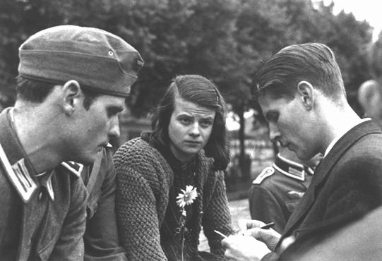 Members of the White Rose, Munich 1942. From left: Hans Scholl, his sister Sophie Scholl, and Christoph Probst.
